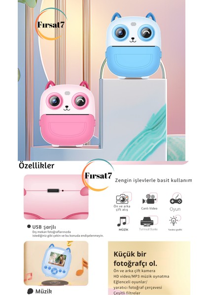 Çocuk Fotoğraf Makinesi 2.4inc Anında Baskı Hd Video Çift Kamera Müzikli Oyunlu Selfie Kamera Şarjlı fırsatları