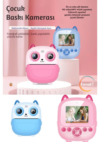 Çocuk Fotoğraf Makinesi 2.4inc Anında Baskı Hd Video Çift Kamera Müzikli Oyunlu Selfie Kamera Şarjlı