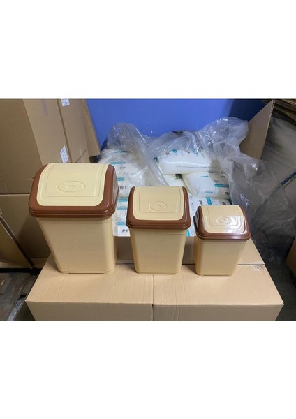 3'lü Boy Çöp Kova Seti, Krem & Gri, 18 Lt + 10 Lt + 5 Lt