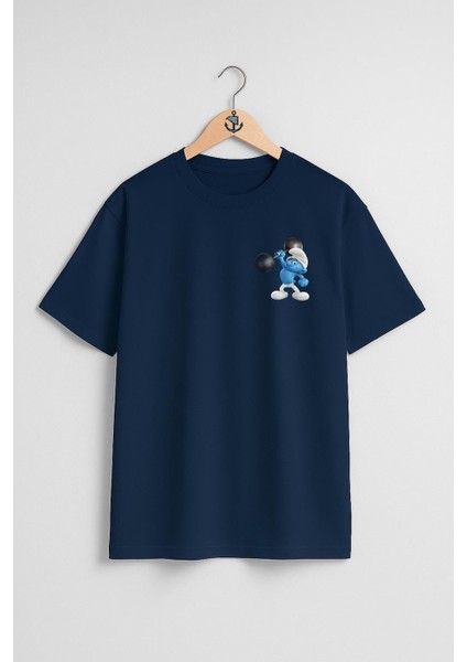 Oversize Şirinler Güçlü Şirin Cep ve Sırt Tasarımlı Unisex T-Shirt