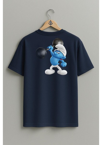 Oversize Şirinler Güçlü Şirin Cep ve Sırt Tasarımlı Unisex T-Shirt fiyatları