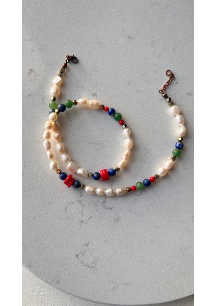 Inci Lapis Lazuli Aventurin Mercan Kolye