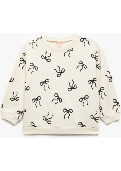 Fiyonk Baskılı Uzun Kollu Bisiklet Yaka Pamuklu Sweatshirt