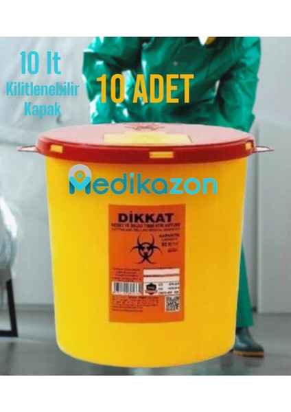10 Lt Tıbbi Atık Kovası Seti, Sarı, Sert Plastik, 10 Adet