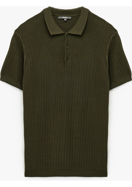 Regular Fit Kısa Kollu Pamuklu Dokulu Düğmeli Polo Yaka Triko Tişört