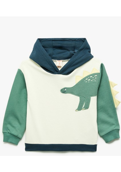 Dinozor Baskılı Pamuklu Uzun Kollu Kapşonlu Sweatshirt