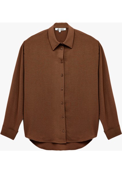 Aerobin Kumaş Düğmeli Klasik Yaka Uzun Kollu Oversize Gömlek