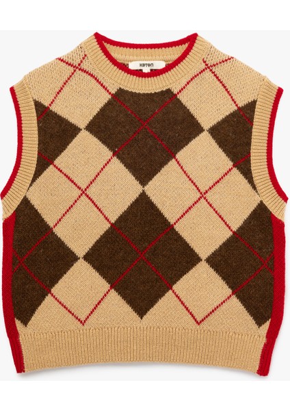 Baklava Desenli Kolsuz Bisiklet Yaka Triko Süveter