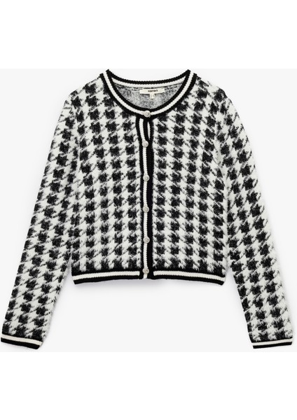 Uzun Kollu Yuvarlak Yaka Kazayağı Desenli Düğmeli Peluş Hırka