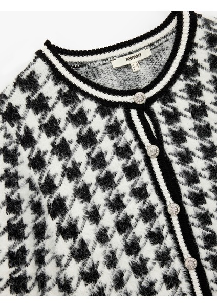 Uzun Kollu Yuvarlak Yaka Kazayağı Desenli Düğmeli Peluş Hırka modelleri