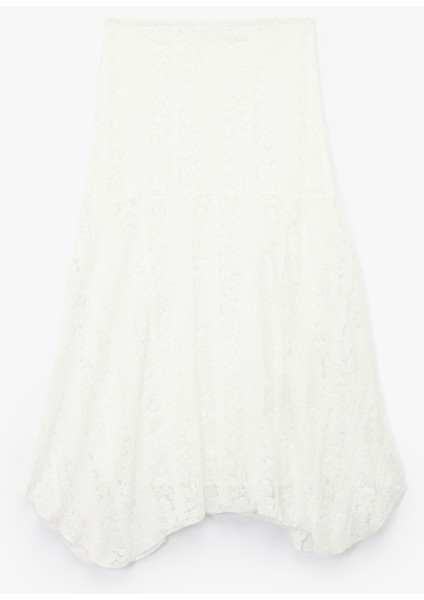 Asimetrik Yüksek Bel Pamuk Karışımlı Dantel Midi Etek