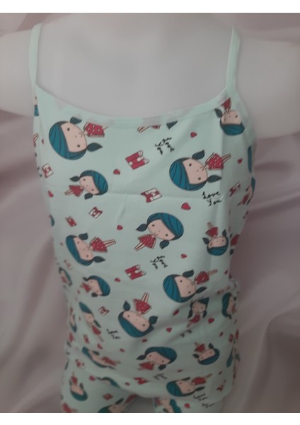 Yeşil Üzerine Bebek Desenli Ip Askılı %93 Pamuk %7 Elastan Atlet ve Şort Kız Çocuk Takım