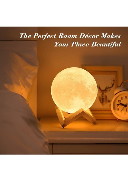 3D Ay Gece Lambası, 36 cm Çap, Sıcak Sarı Işık, Dekoratif ve Şık Tasarım