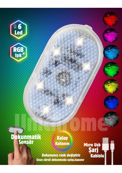 Mini 6 LED Dokunmatik Rgb Şarjlı Ayak Altı ve Torpido Işık Gri