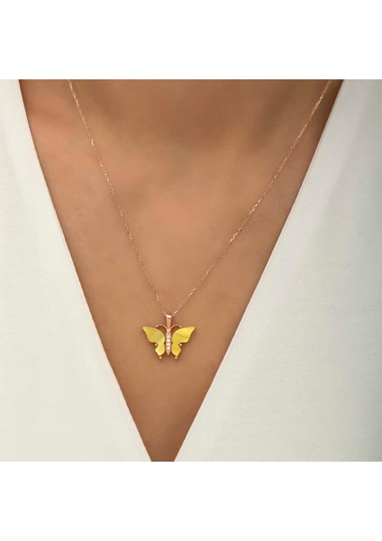 925 Ayar Gümüş Rose Sarı Kaplangözü Taşlı Kelebek Kolye (T5918) (7474) modelleri