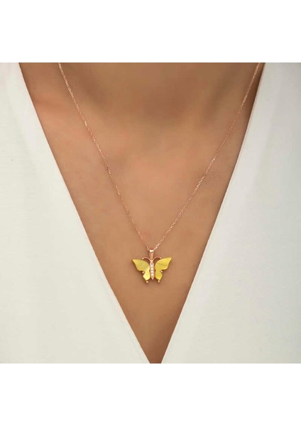 925 Ayar Gümüş Rose Sarı Kaplangözü Taşlı Kelebek Kolye (T5918) (7474) fırsatları