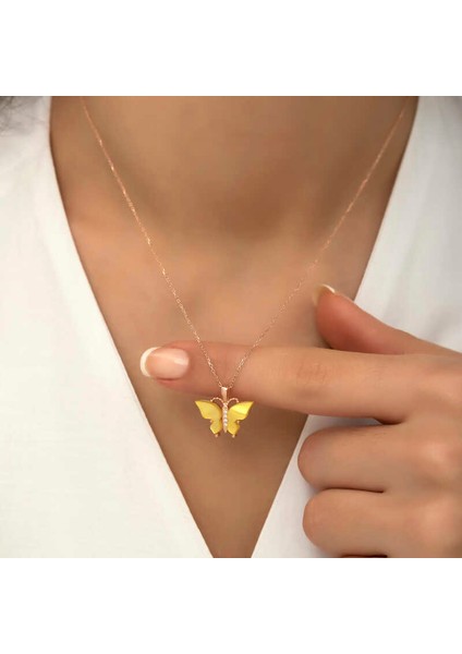 925 Ayar Gümüş Rose Sarı Kaplangözü Taşlı Kelebek Kolye (T5918) (7474) indirimleri