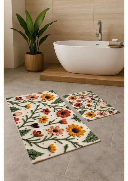 Çok Renkli Sonbahar Temalı Dijital Baskılı Banyo Paspas Takımı