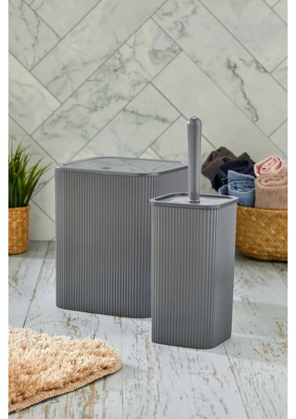 Kare 2'li Çöp Kovası ve Fırça Seti, Koyu Gri, 5l