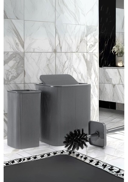 Kare 2'li Çöp Kovası ve Fırça Seti, Koyu Gri, 5l