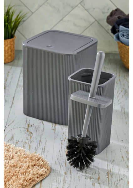 Kare 2'li Çöp Kovası ve Fırça Seti, Koyu Gri, 5l