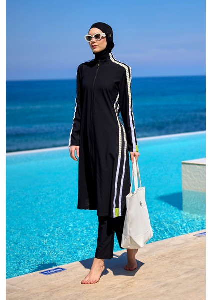 Siyah Tam Kapalı Mayo M2529 – Hakim Yakalı, Belden Büzgülü, M2529