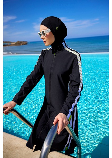 Siyah Tam Kapalı Mayo M2529 – Hakim Yakalı, Belden Büzgülü, M2529 fiyatları