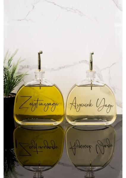 2'li Lüks 500 ml Cam Yağdanlık Seti, Gold Kapak, Zeytinyağı ve Ayçiçek Yağı Için