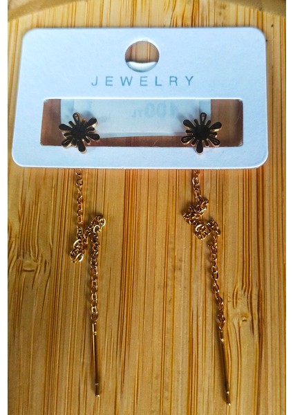 Gold Renk Metalik Çiçek Figürlü Sallantılı Küpe