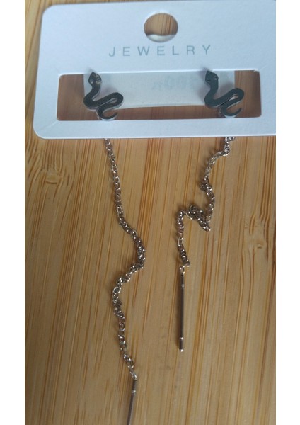 Gümüş Renk Metalik Yılan Figürlü Sallantılı Küpe