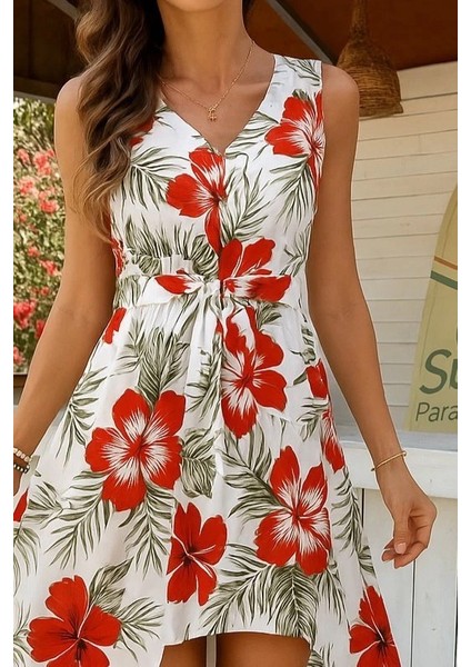 Kadın Kolsuz V Yakalı Desenli Süprem Tulum Elbise fiyatları