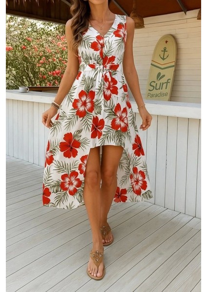 Kadın Kolsuz V Yakalı Desenli Süprem Tulum Elbise modelleri