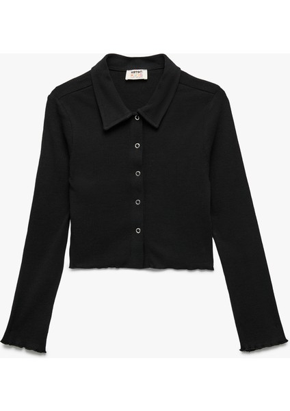 Pamuklu Uzun Kollu Gömlek Yaka Crop Tişört