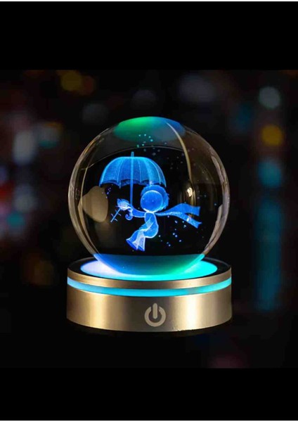Kendi Etrafında Dönebilen Işıklı Kristal Cam Kar Küresi Usb’li 3D Lazer Tasarım LED Küre Lamba Renkli Dokunmatik Power Tuşlu Yeni Nesil Dekoratif Hediyelik Set