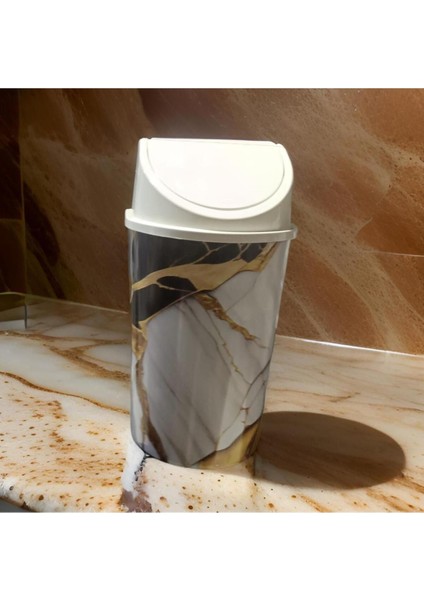Şık Mermer Desenli 3l Kapaklı Çöp Kovası, 24X13 Cm, Beyaz