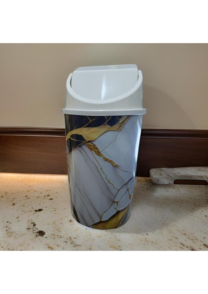 Şık Mermer Desenli 3l Kapaklı Çöp Kovası, 24X13 Cm, Beyaz fiyatları