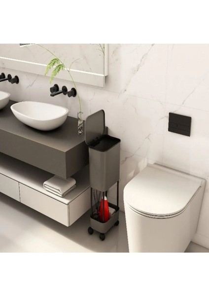 Gri Renkli Tek Raflı Tekerlekli Kapaklı Çöp Kutusu, Banyo ve Mutfak Için Fonksiyonel
