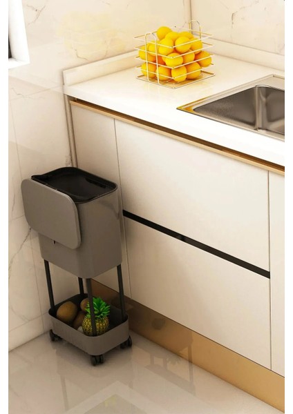 Gri Renkli Tek Raflı Tekerlekli Kapaklı Çöp Kutusu, Banyo ve Mutfak Için Fonksiyonel modelleri