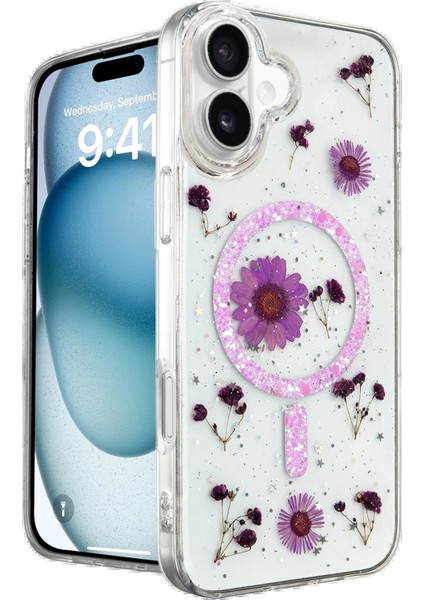 iPhone 16 Kılıf Daisy Simli Magsafe Kapak - Mor - 13744-8853