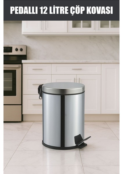 12 Litre Paslanmaz Metal Pedallı Çöp Kovası Gri Renk