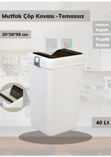 40 Litre Beyaz Çöp Kutusu, Pratik ve Şık Mutfak-Banyo Temizliği Için