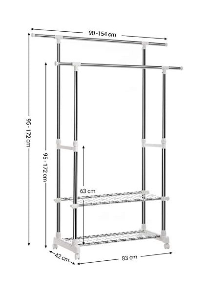 Elbise Askısı, 95-172 cm Ayarlanabilir 2 Ayakkabı Raflı, Paslanmaz Çelik Kaplama Borular, LLR03W modelleri