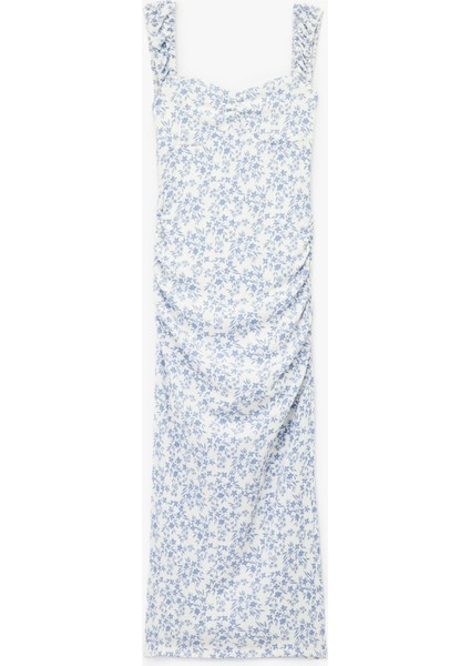 Kalp Yaka Kısa Kollu Sırt Detaylı Çiçekli Yırtmaçlı Slim Fit Maxi Elbise