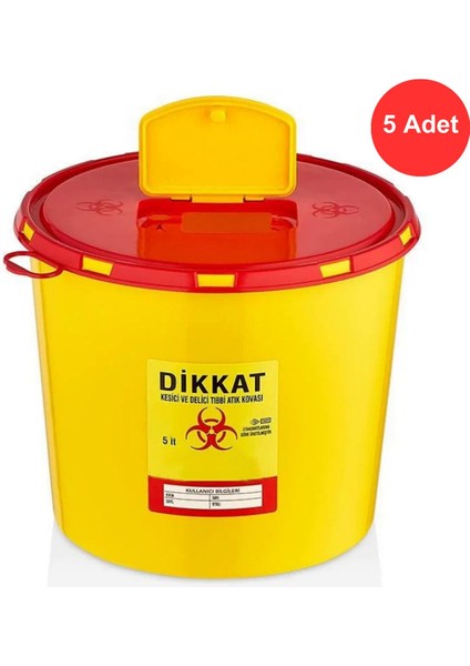 5 Litre Tıbbi Atık Kovası Seti, Güvenli ve Dayanıklı, Sarı Renkli