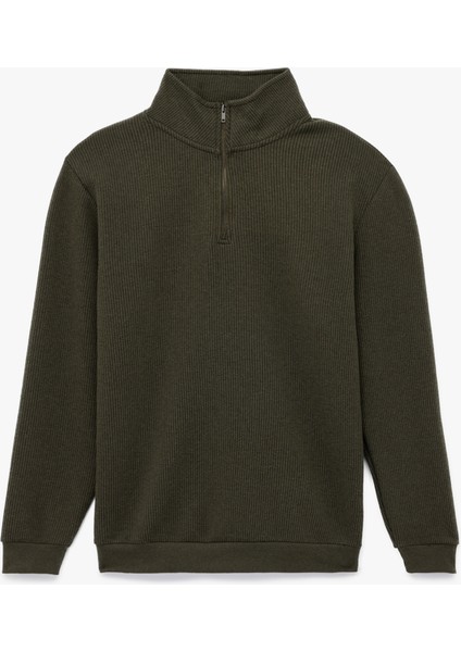 Dokulu Uzun Kollu Yarım Fermuarlı Sweatshirt