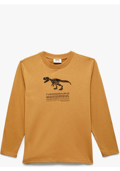 Dinozor Baskılı Uzun Kollu Bisiklet Yaka Pamuklu Tişört
