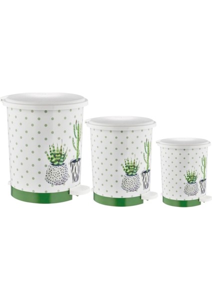 3'lü Pedallı Kaktüs Desenli Çöp Kovası, Şık ve Kullanışlı Beyaz Tasarım