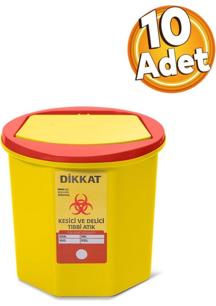 10 Adet Sarı Tek Kullanımlık Tıbbi Atık Kovası 5 Litre, Hijyen ve Pratik Kullanım