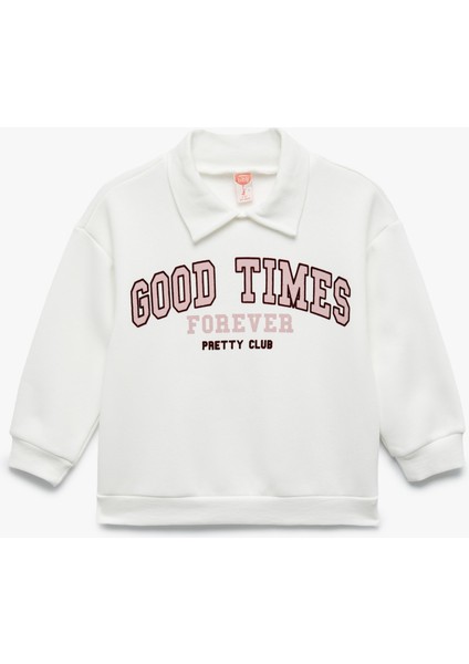 Uzun Kollu Şardonlu Baskılı Polo Yaka Sweatshirt