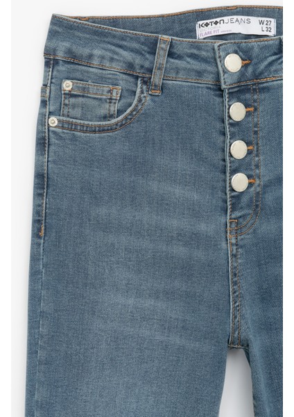 Pamuklu Yüksek Bel Dar Kalıp Ispanyol Paça Jean Pantolon